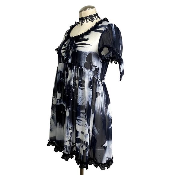 Widow Dolls Kill Gothic Sheer Graphic Print Lace BabyDoll Mini Dress - Picture 3 of 13
